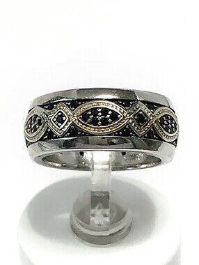 Sterling Silver Two-Tone Patterned Black Stones Eternity Wide Band Ring size 7